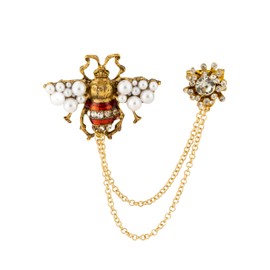 Knighthood Antique Gold & Red Bee with Pearls & Stones Detailing Hanging Chain Brooch for Men – Unique Lapel Pin for Formal Attire