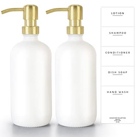Emerson Essentials Double Glass Soap Bottle Dispensers, 2 Pack with Anti-Rust Pumps, Thick Refillable Liquid Lotion Jars for Bathrooms and High Traffic Areas, 16 Ounce, 5 Waterproof Labels – White