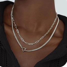 TseenYi Layered Chain Toggle Clasp Necklace Gold Layered Necklace Chunky Chain OT Clasp Necklace Paper Clip Chain Necklace Clasp Toggle Pendant Necklace, Zinc
