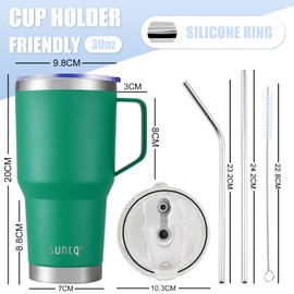 SUNTQ 30 oz 850 ml Tumbler with Handle - Reusable Travel Coffee Cup with Straw, Lid - Double-Walled Vacuum Insulated Coffee Cup - Stainless Steel Thermal Cup (Green)
