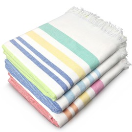 Beachland Fringe Beach Towel 30 x 60 inch Sand Free Flat Woven in Front and Absorbent Terry on Reverse Cotton Turkish Style (Assorted, Pack of 3)