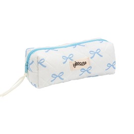 Cute Pencil Case for Girls–Quilted Cotton Pen Pouch with Bow Printed Design,Portable Aesthetic Pencil Cases Small Cosmetic Bag Crayon Box for Stationery,Makeup & Travel (Light Blue)
