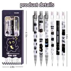 12Pcs Black Cute Cat Mechanical Pencils,0.5mm Pencil Set with Eraser