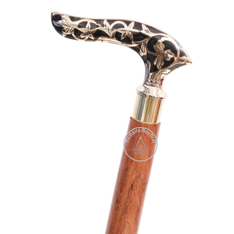 Solid Wood Handicrafts Vintage Unique Walking Stick Wooden Cane Brass