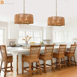 Bosomfr 6-Light Hand-Woven Rattan Chandelier, 19.7" Farmhouse Boho Chandelier, Adjustable Rustic Wicker Ceiling Light Fixture for Dining Room Kitchen Island Bedroom Hallway Entryway