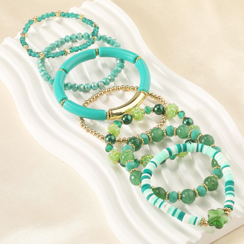 Bohemian Green Beaded Bracelets for Women 7Pcs Stackable Flower Charm