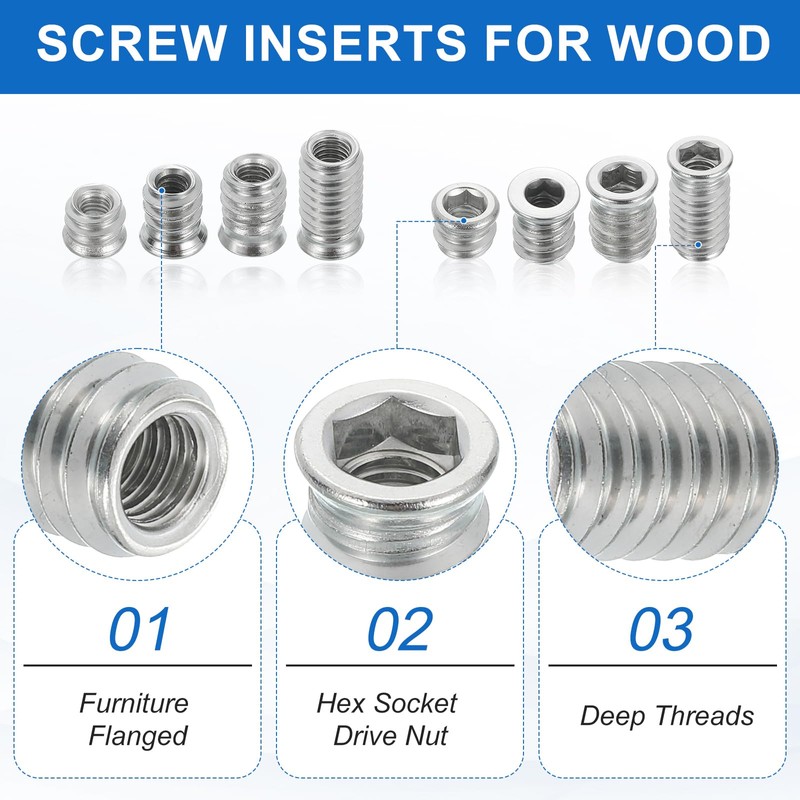 sourcing map 8Pcs Threaded Inserts Nuts, M6x10mm Hex Socket Drive
