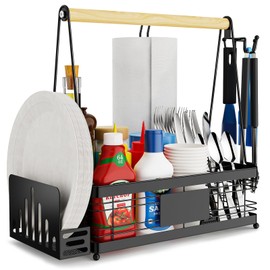 Grill Caddy with Plate Holder and Paper Towel Holder, Picnic BBQ Condiment Utensil Organizer Caddy for Outdoor Cooking, Rv, Camping Accessories, Camping Essential, Camper Must Haves