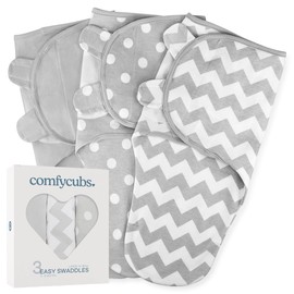 Comfy Cubs Baby Blanket, Swaddle Blanket 3-6 months, Newborn Essentials, Infant Sleep Sack Wrap, 100% Breathable Cotton, Baby Boy Girl, Adjustable 3 Pack (Grey, Large)