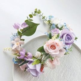 MAFELOE Floral Headband Garland, Adjustable Artificial Flower Headpieces with Ribbon for Women, Handmade Bridal Wedding Party Hairband-Purple+Pink