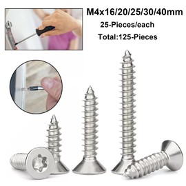 FandWay Torx Flat Head Self-Tapping Screws, M4x16/20/25/30/40mm Security Anti-Theft Screws, 304 Stainless Steel Countersunk Head Tapper Screws Assortment With 1 Bit. (25-Pieces/each)