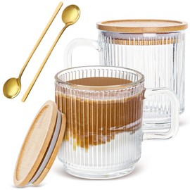 LUCKJOY Set of 2 Glass Coffee Mugs with Bamboo Lids and Spoons, 12oz Vintage Ribbed Glassware for Latte, Tea, Cappuccino, Cute Coffee Bar Accessories Clear Glass Coffee Cups for Hot/Cold Beverages