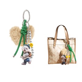 XIXIAOYAN Camel Heart Pom Pom Keychain for Women - 4-Piece Plush Bag Charm Set with Silver Beads, PU Leather Strap & Dog Tag | Cute Purse Charms for Handbags, Backpacks & Car Keys