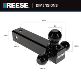 Reese Towpower 7068820 Tri-Ball Trailer Hitch Ball Mount, (1-7/8 Inch, 2 Inch, 2-5/16 Inch Trailer Hitch Balls), Fits 2-1/2 Inch Square Receiver, 14,000 lbs. Capacity