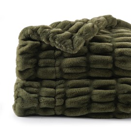 BATTILO HOME Olive Green Faux Fur Throw Blanket for Bed, Double Side Reversible Ruched Faux Rabbit Fur Throw for Couch, Bed, Fall Throw Blanket for Home Decor, Cozy Mink Blanket 50"x60"
