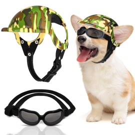 SlowTon Dog Helmet and Goggles - UV Protection Doggy Sunglasses Dog Glasses Pet Motorcycle Helmet Hat with Ear Holes Adjustable Belt Safety Hat for Small Medium Large Dogs Puppy (Camouflage, S)