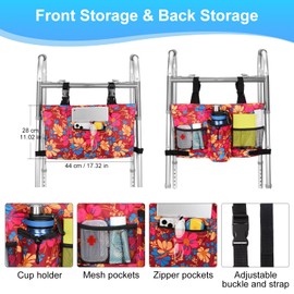 supregear Universal Accessories Bag for Walker, Wheelchair, Rollator, Scooters, Seniors Detachable Preserve Heat Cooler w/Cup Holder-Folding Walker Basket Waterproof Walker Caddy Pouch, Floral