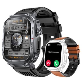 EIGIIS Rugged Smartwatch with LED Flashlight, Sport Smart Watch with 3ATM Waterproof,Multifunctional Digital Watch with Wireless Made/Answer Calls＆Smart Notification - Color: Black+Brown Leather Strap