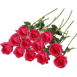 Grand Verde Roses Real-Touch Artificial Flowers Latex Full Blossom Faux Heads Dozen 22” Tall Stems Fake Bouquet Luxury Home Décor Indoor Living Room Bedroom Love Gift, 12 PCS Bundle (Fuchsia Pink)