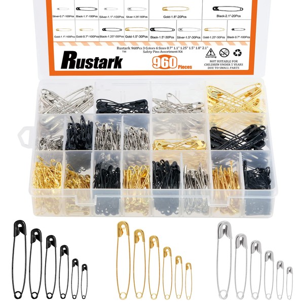 Rustark Pin de seguridad de metal grande y pequeño, 960 unidades, 6 tamaños, para manualidades, ropa, boutique, joyería