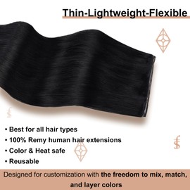 Full Shine Genius Weft Hair Extensions Human Hair Color Jet Black Hair Extension for Women Hairpiece Hand Tied Weft Human Hair Sew in Hair Extensions 50G 18 Inch