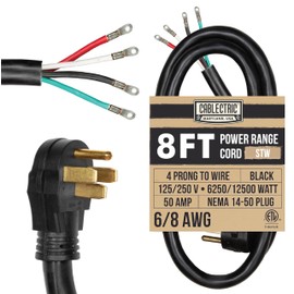 Cablectric 4 Prong Range Power Cord 8 ft - 50 Amp RV Extension Cable - Heavy Duty 6/8 AWG Cable - NEMA 14-50 Extension Plug - 4 Wire Stove Power Cord - Black