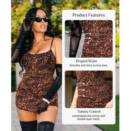 Popilush Leopard Dress with Built in Shapewear Mesh Ruched Dresses for Women Date Night Cocktail Outfits