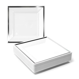 MATANA 40 Premium White Square Plastic Dessert Plates with Silver Rim, 16.5cm / 6.5 Inch - Reusable Small Side Plates, Starter Plates for Weddings, Birthdays, Picnic, BBQ, Parties