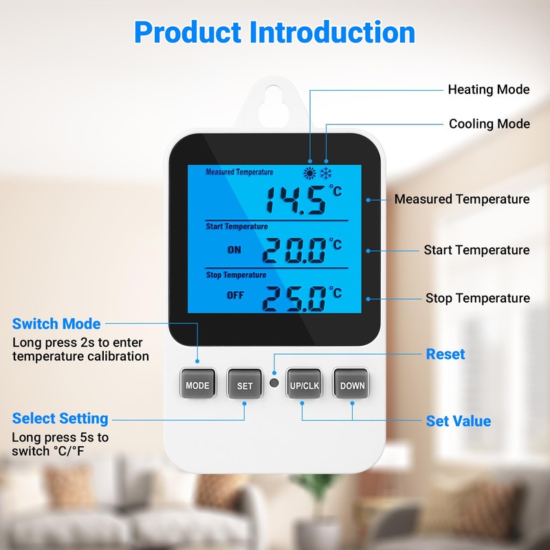 Temperature Controlled Outlet Thermostat Plug 120V Heating Cooling Control Timer