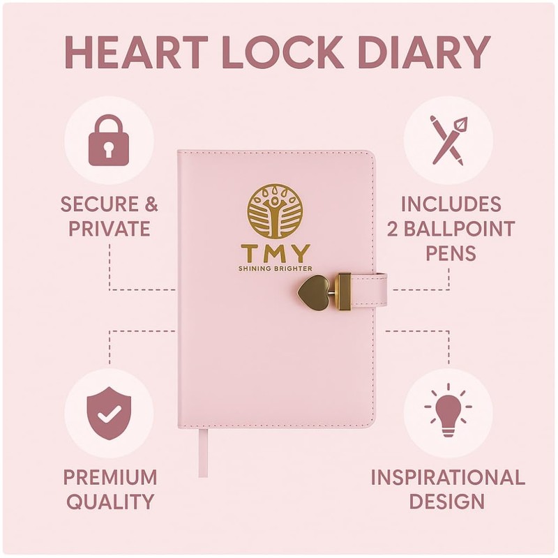 TMY Pink Heart Lock Diary Set – 288 Pages, 22×15×2.5