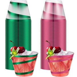 Gejoy 9 oz Rimmed Swirl Plastic Cups Disposable Wine Drinking Cups Clear Elegant Wedding Tumblers for Engagement Single Party Supplies(Pink, Green)