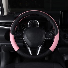 Follicomfy Auto Car Leather Steering Wheel Cover Anti Slip Wrap 15" (Pink)