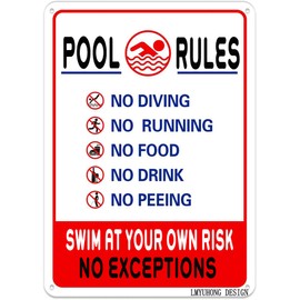 LMYUHONG Metal Sign Pool Rules No Diving Running Food Drink Peeing Swim At Your Own Risk Exceptions Sign For Signs Safety Funny Decor Outdoor,12x8inch Aluminum, Fade Resistant,Gifts For New Pool