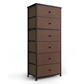 Tall Fabric Dresser for Bedroom, Vertical Storage Organizer Tower with 6 Drawers, Chest of Drawers with Bins, Steel Frame, Wood Top for Bedroom, Closet, Entryway Brown