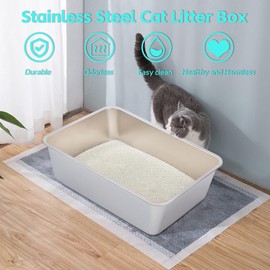EGMEHOAD 2 Pack 8 Deep Extra Large Stainless Steel Litter Boxes, 2 Pcs XXL Stainless Steel Cat Litter Box High Sides Metal Cat Litter Box for Multi-Cats Easy Cleaning Non-Sticky, Metal Litter Pan Tray