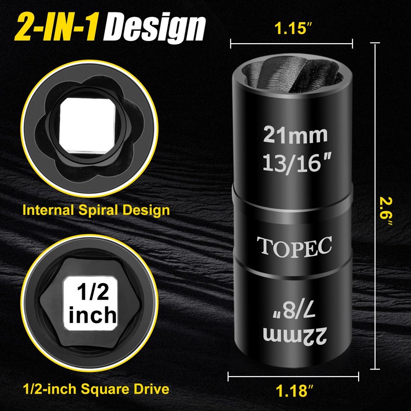 Topec 21mm x 22mm Flip Lug Nut Extractor, 1/2" Drive