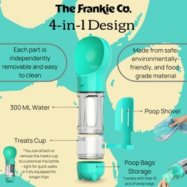 Botella de Agua para Perro 4 en 1, Pet Water Bottle con Bebedero para Perro Portatil, Dispensador de Agua para Perros, Portabolsas y Pala, Perros Accesorios para Paseos, Senderismo y Viajes, 10oz
