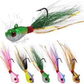 Bucktail Jigs Saltwater Bass Fluke Lures, 5pcs Bucktail Hair Jigs Fishing Lure Baits Flounder Striper Fishing Jigs with Tail 0.25oz 0.5oz 1oz 1.5oz 2oz