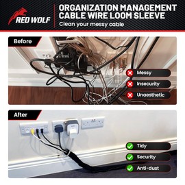 RED WOLF 10 Feet - 3/4" Split Cable Sleeves Cord Management Braided Wire Loom Sleeving Protector Wiring Cable Cover Flexible Self-Wrap for Automotive Home Office Anti-Scratch High-Temperature Black