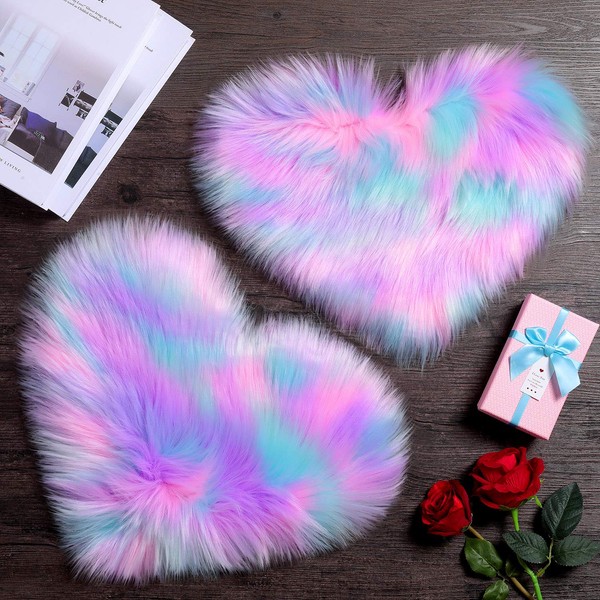 2 Pieces Fluffy Heart Shaped Rug Faux Area Rug Bushy Room Carpet for Home Living Room Sofa Floor Bedroom, 12 x 16 Inch (Pink, Purple, Green)