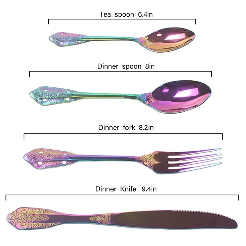 LAIION Silverware Set，24-Piece Stainless Steel Flatware Service for 6 Rainbow