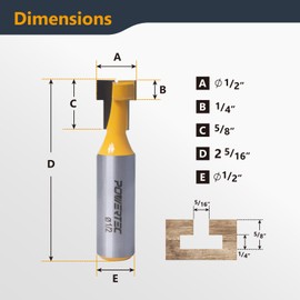 POWERTEC Carbide Tipped T Slot Router Bit, 1/2" Shank, 1/2" Cutting Dia with 5/8" Cutting Length, 1 PK (73067)