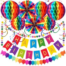 Colorful Birthday Party Decorations, Happy Birthday Banner, Hanging Paper Fans, Pom Poms, Birthday Bunting, Happy Birthday Decorations