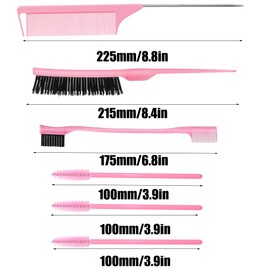 6 Piece Hair Comb Set, Bristle Hair Brush Comb Care Edges Brush, Combs Robust Rat Tail Comb, Sleek Bun Brush, Edges Brush, Bristle Brush Hair, Suitable for Hairdressers and Women (Pink)
