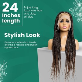 PIB 24" Single Full Lace Knotless Box Braid Wig Square Parted Braided Wigs for Black Women with Natural Baby Hair (1B30, Off Black and Brown)