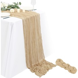 Cheesecloth Table Runner Super Soft Boho Wrinkled Gauze Sheer Cloth for Baby Shower Baptism Birthday Party Wedding Centerpiece Table Decoration, 90x400cm (Beige)