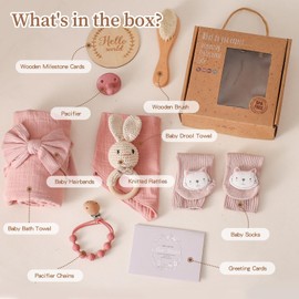 WOODEN TEETHER 10-Piece Baby Gift Girl Set, Gift Girl Boy for Newborns, Bath Towels, Dummy Chain, Rattle, Milestone Cards, Bib, Sock, Brush, Baby Shower (Pink)