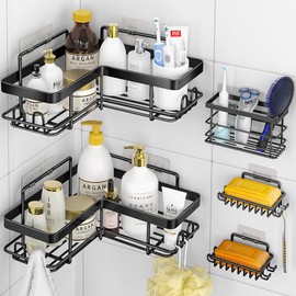 Moforoco 5-Pack Shower Caddy, L-Shaped, 10.2in Diameter, 90-Degree Right Angle, Rustproof, Easy Installation, 12 Hooks, Soap Holder, Adhesive Corner Shower Organizer, Black