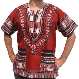 RaanPahMuang Unisex African Bright Dashiki Cotton Shirt Variety Colors, XX-Large, Brick Red