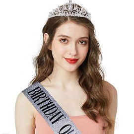 NALAWEKER Birthday Crown and Sash for Women Girls Crowns Queen Sash Princess Crystal Silver AB Rhinestone Tiara Headband Hair Accessories Party Decorations